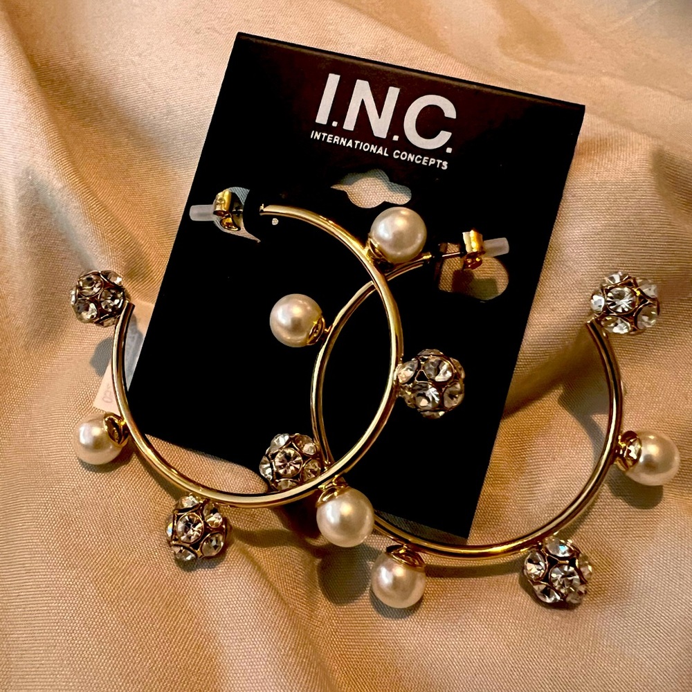 INC Half Circle Hoop Earrings with Crystals and Faux Pearls